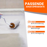 Farbrolle auf Betonoberfläche, Text.