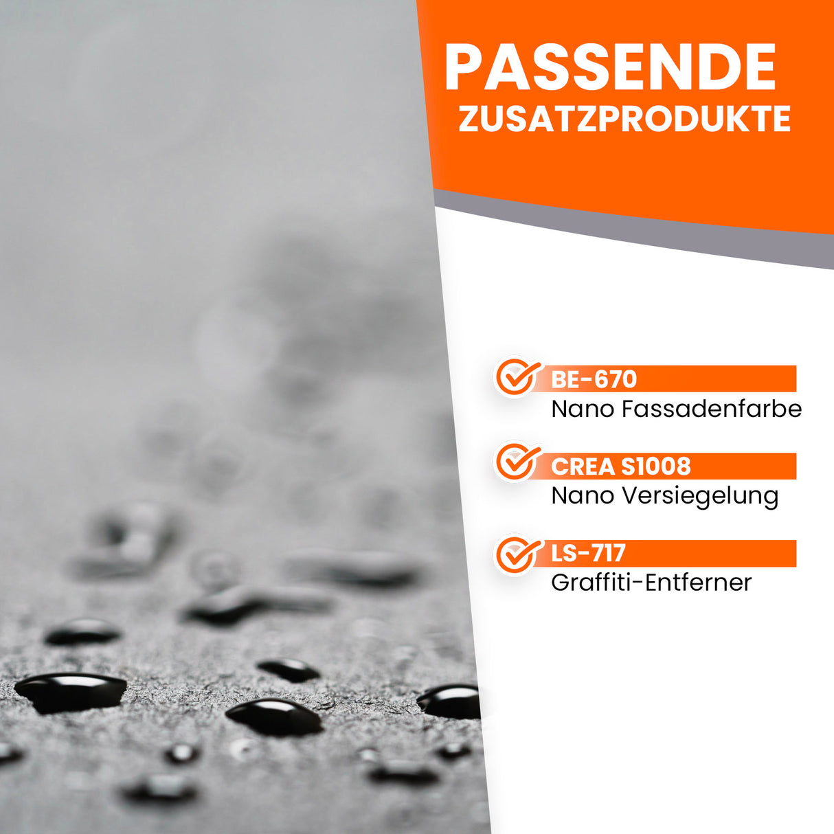 Wassertropfen auf grauer Oberfläche.