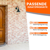 Ziegelwand mit Produktinformationen.