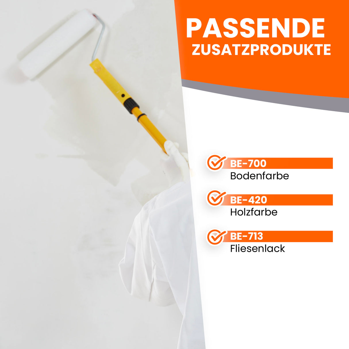 Maler mit Farbroller und Produkte.