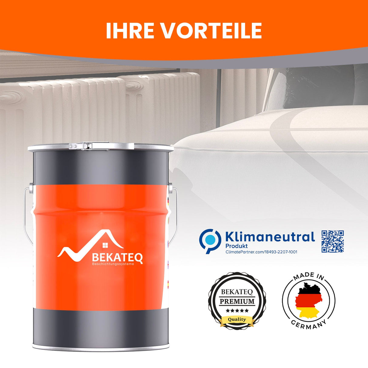 Farbeimer mit BEKATEQ-Logo, Zertifikate.