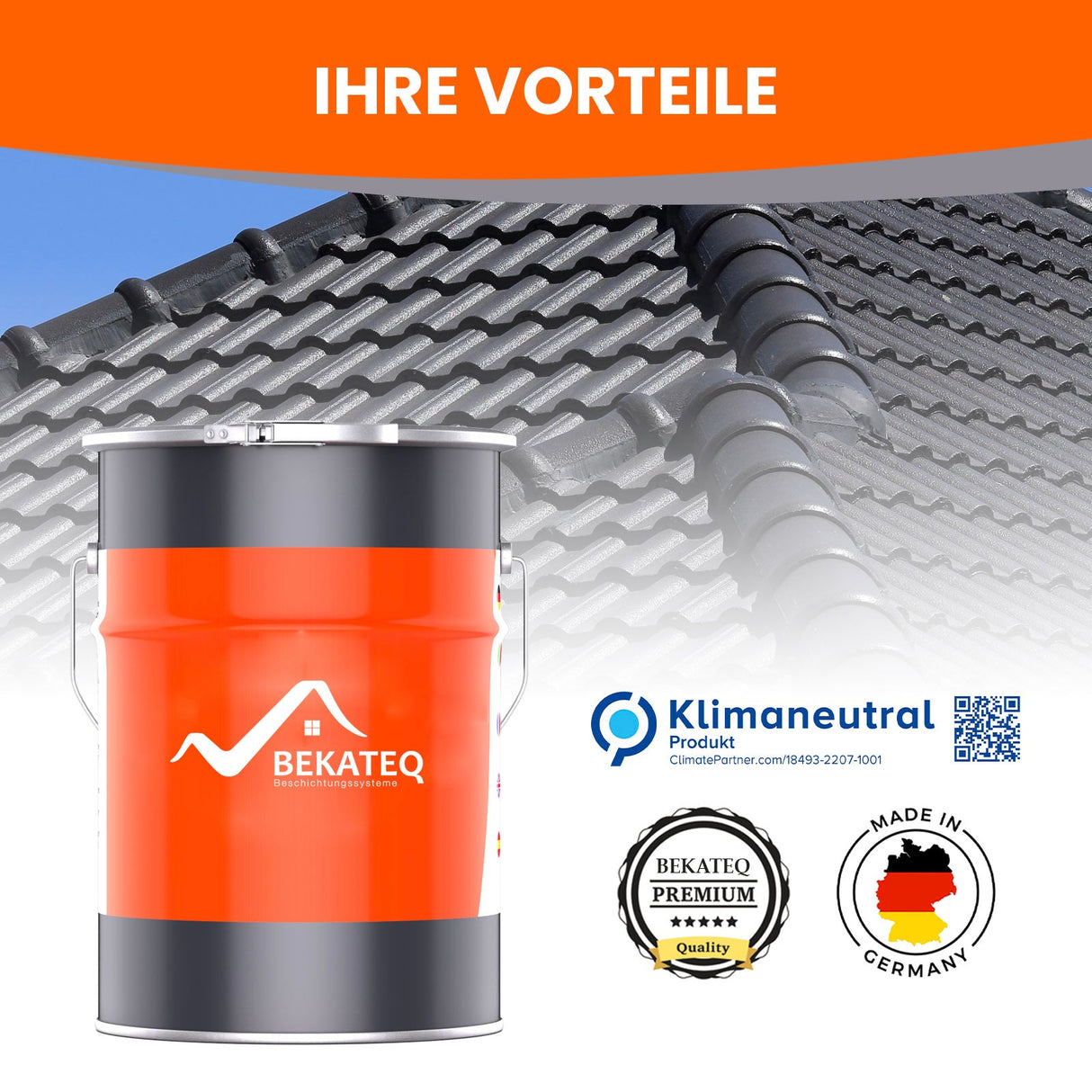 Farbeimer vor Dachziegeln, Logos.