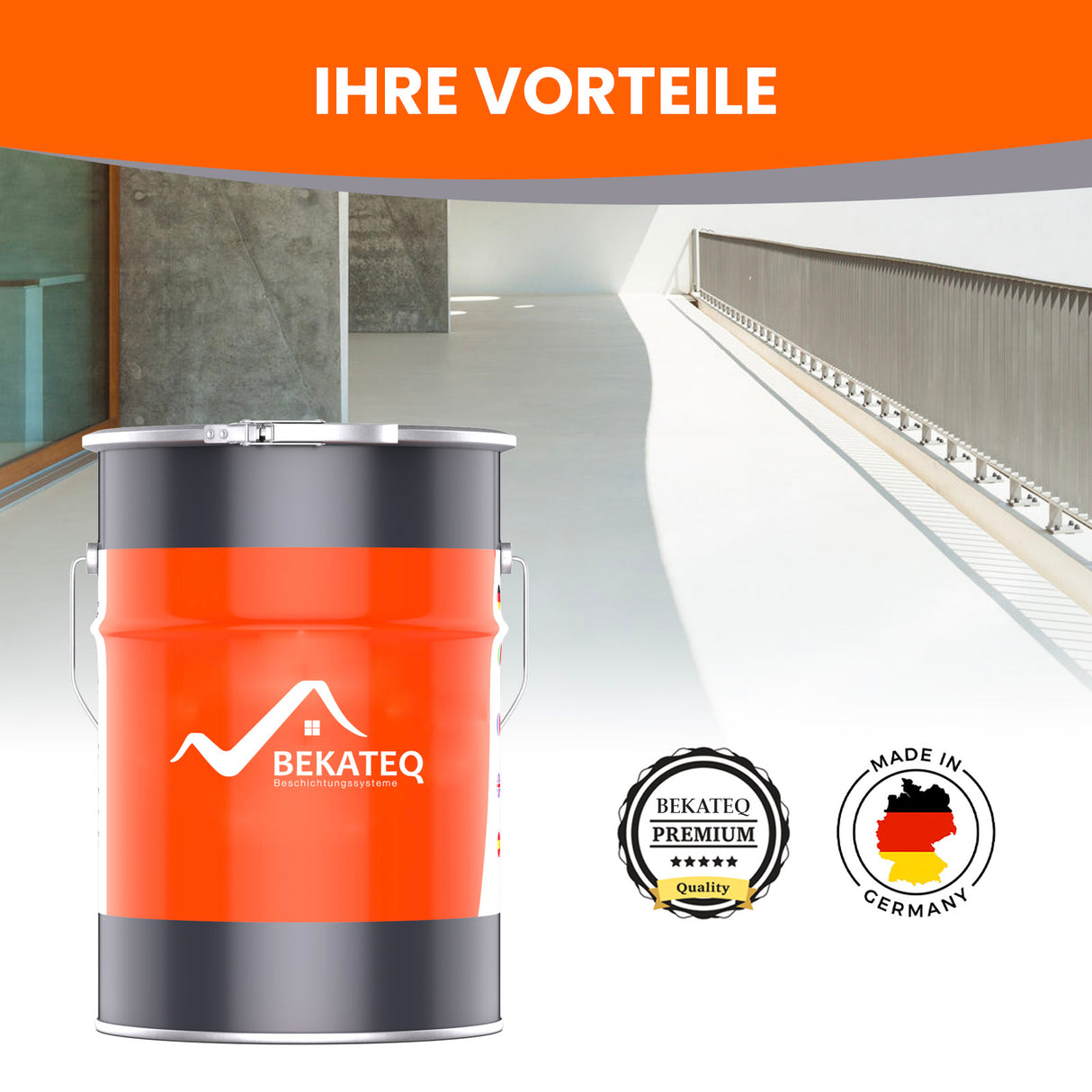 Farbeimer, BEKATEQ-Logo, Qualitätszertifikate, Flur.