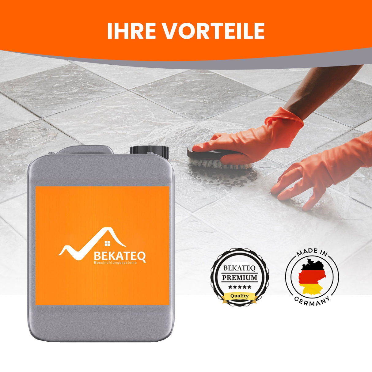 Hand reinigt Fliesen mit Bürste.