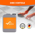 Hand reinigt Fliesen mit Bürste.