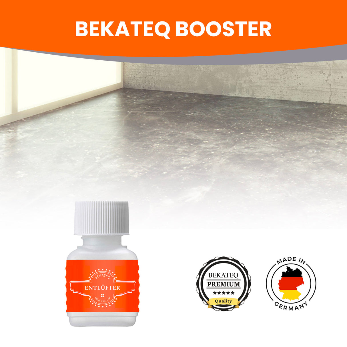 Flasche Bekateq Entlüfter vor Betonboden, Qualitätssiegel sichtbar.