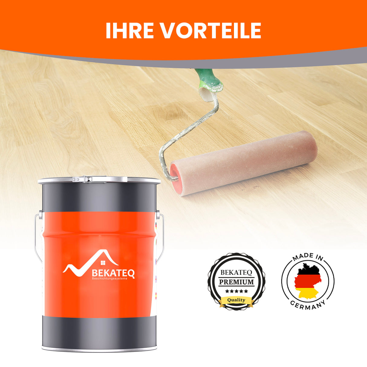 Farbeimer, Farbrolle, Holzboden, BEKATEQ-Logo.