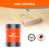 Farbeimer, Farbrolle, Holzboden, BEKATEQ-Logo.