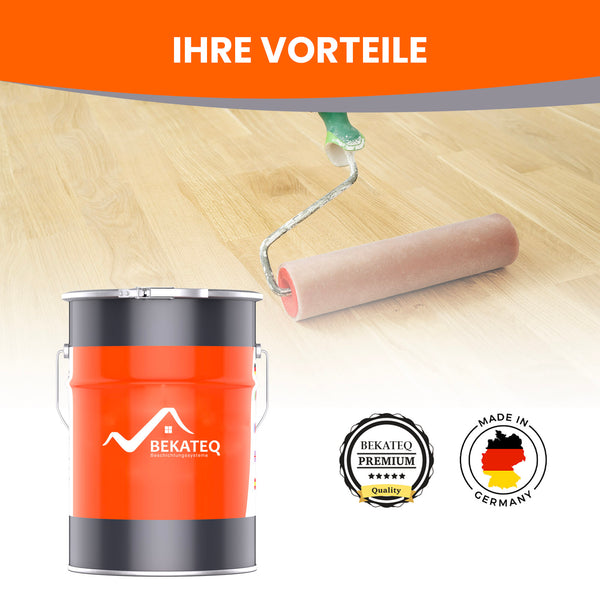 Farbeimer, Farbrolle, Holzboden, BEKATEQ-Logo.
