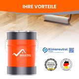 Farbeimer, Boden, Farbrolle, Logos, Text.