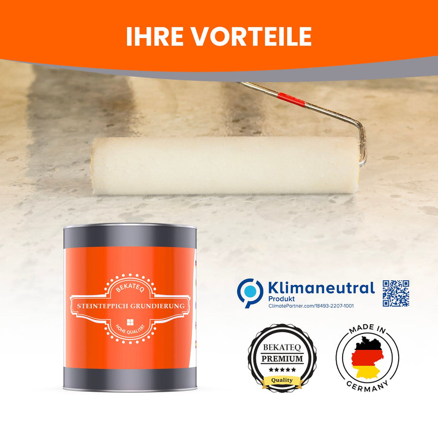 Farbrolle und Grundierungseimer auf Boden.