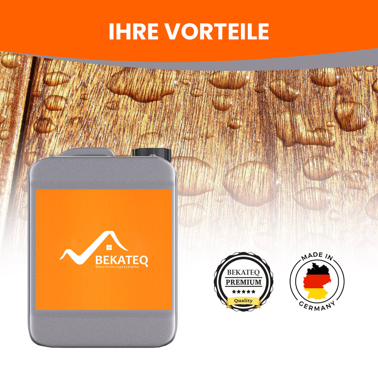 Kanister, Holz, BEKATEQ-Logo, Qualitätssiegel.