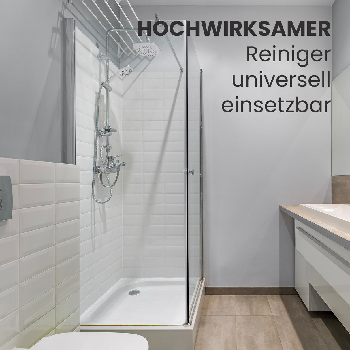 Dusche mit Text über Reiniger.