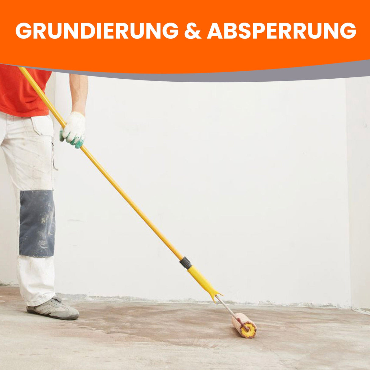 Person streicht Boden mit Rolle.