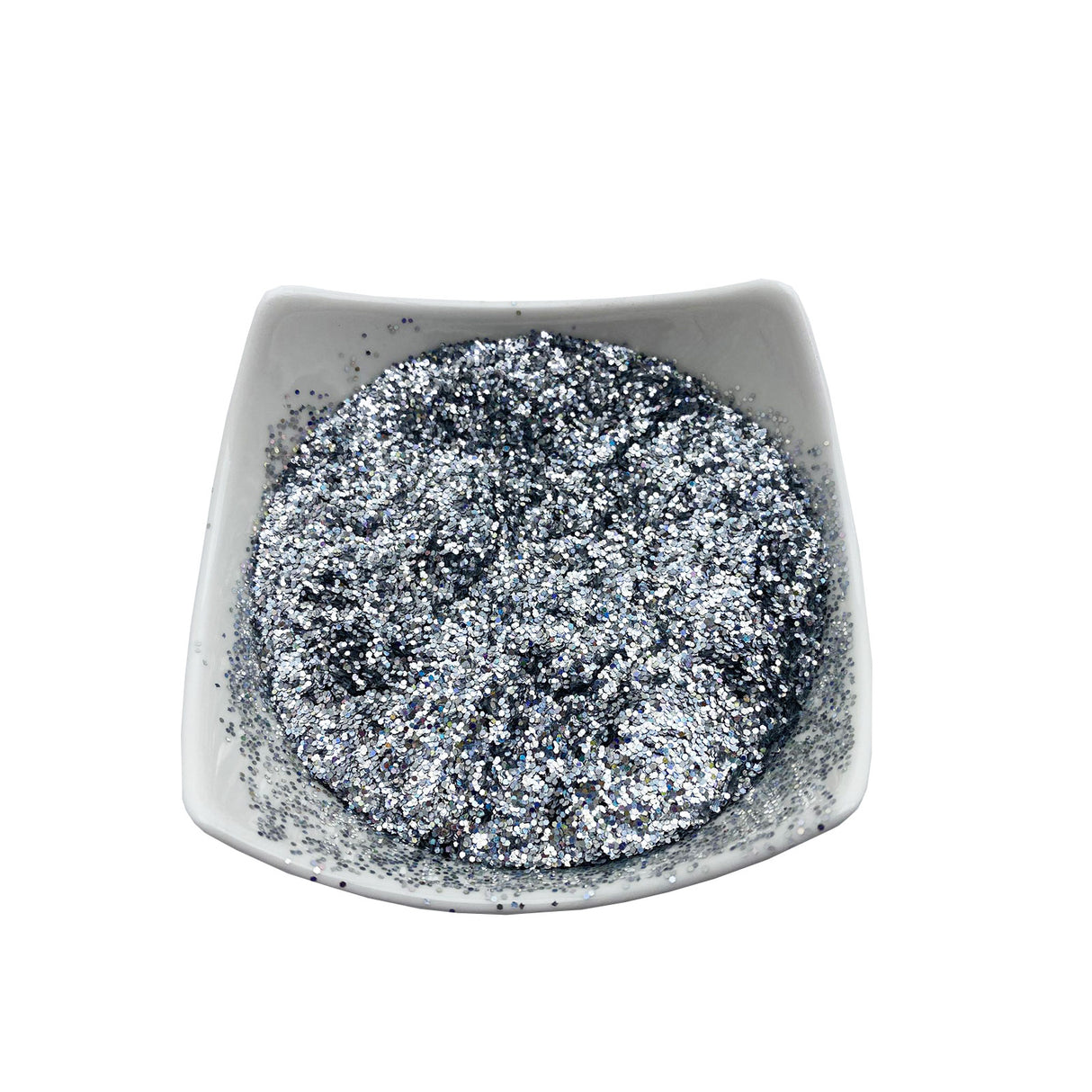 Silbernes Hologramm-Glitter in Schale.