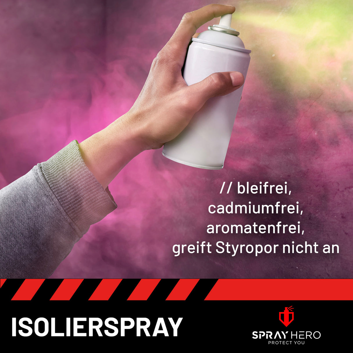 Hand hält Spraydose, Text: "ISOLIERSPRAY", Marke: Spray Hero.