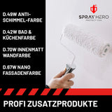 Hand mit Farbroller, Spray Hero Produkte, Wand streichen.