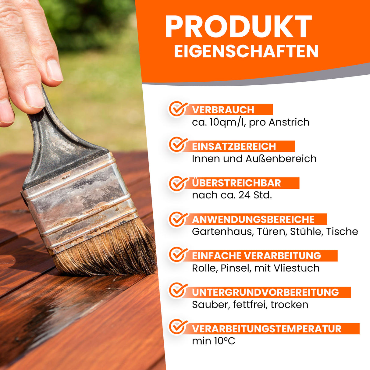 Pinsel streicht Holz mit Lack.