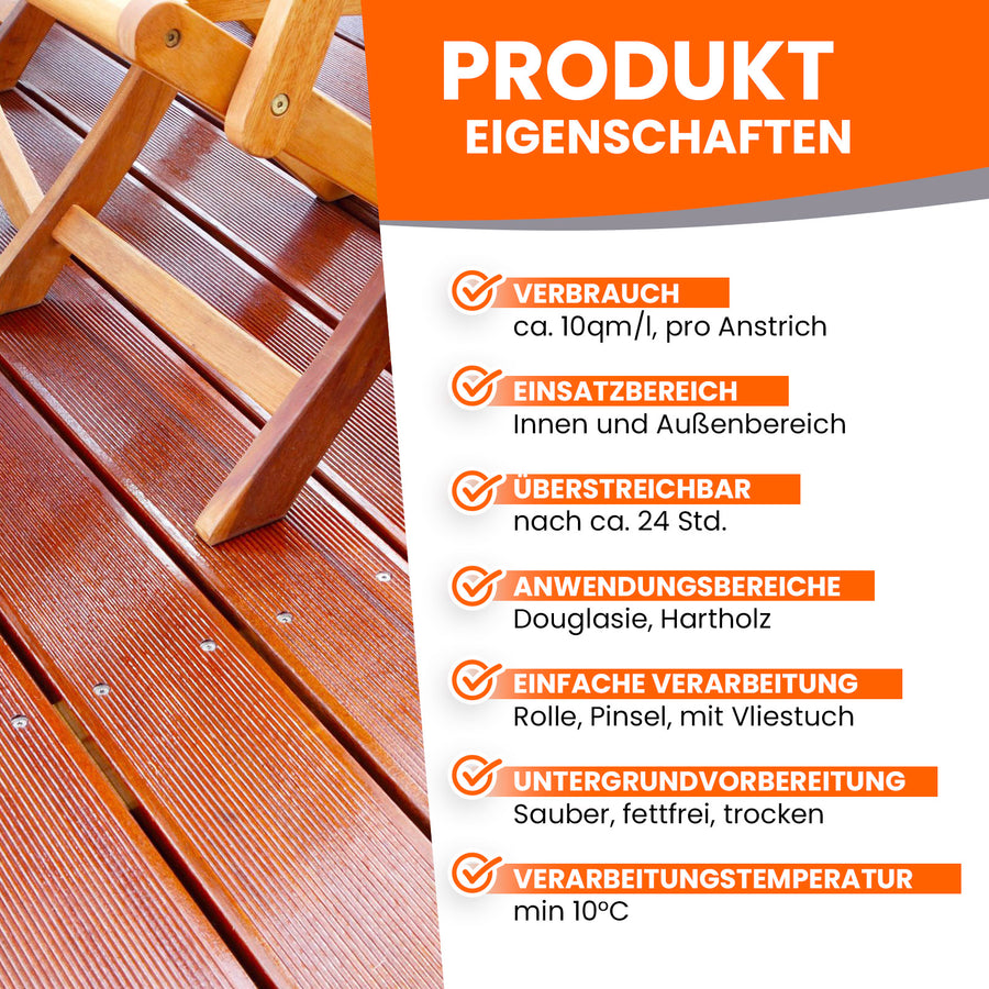 Produktmerkmale für Holzbeschichtung.