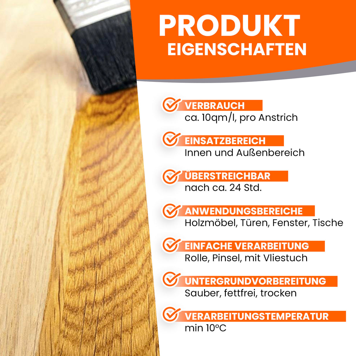 Pinsel auf Holz mit Produkteigenschaften.