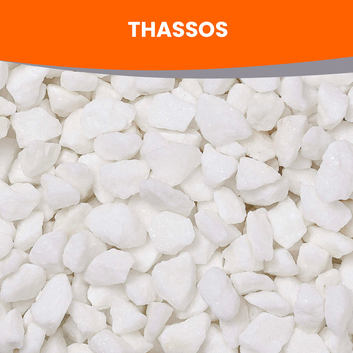 Weiße Steine mit "THASSOS"-Text.