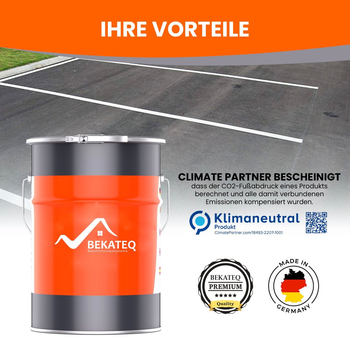 Farbeimer auf Asphalt mit Logos.