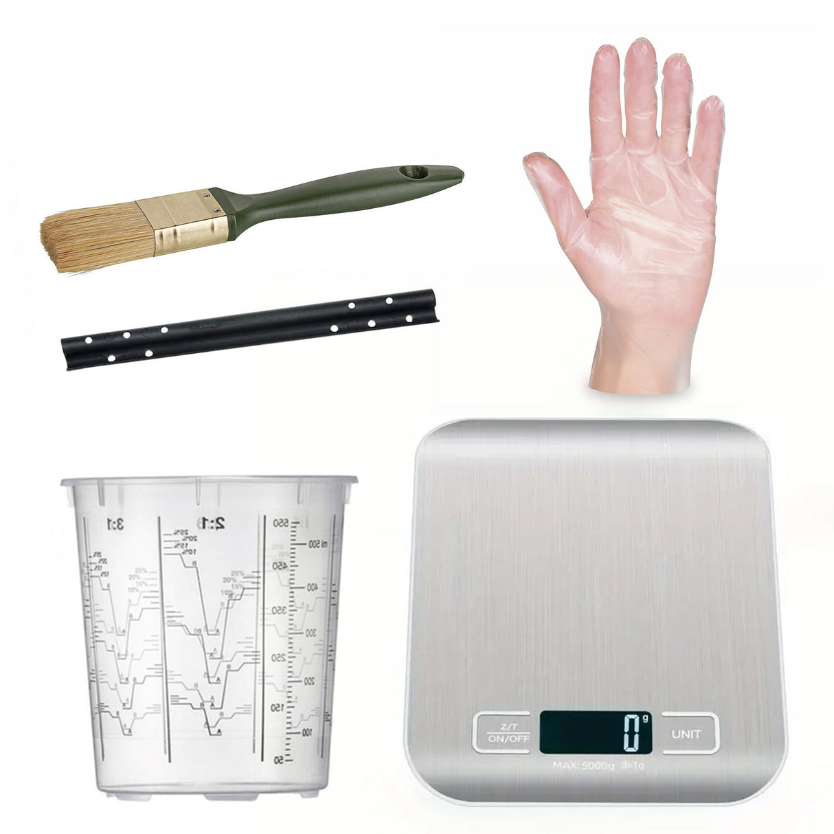 BE-71W Mischbecher Set mit Pinsel, Rührstab, Waage und Handschuhe