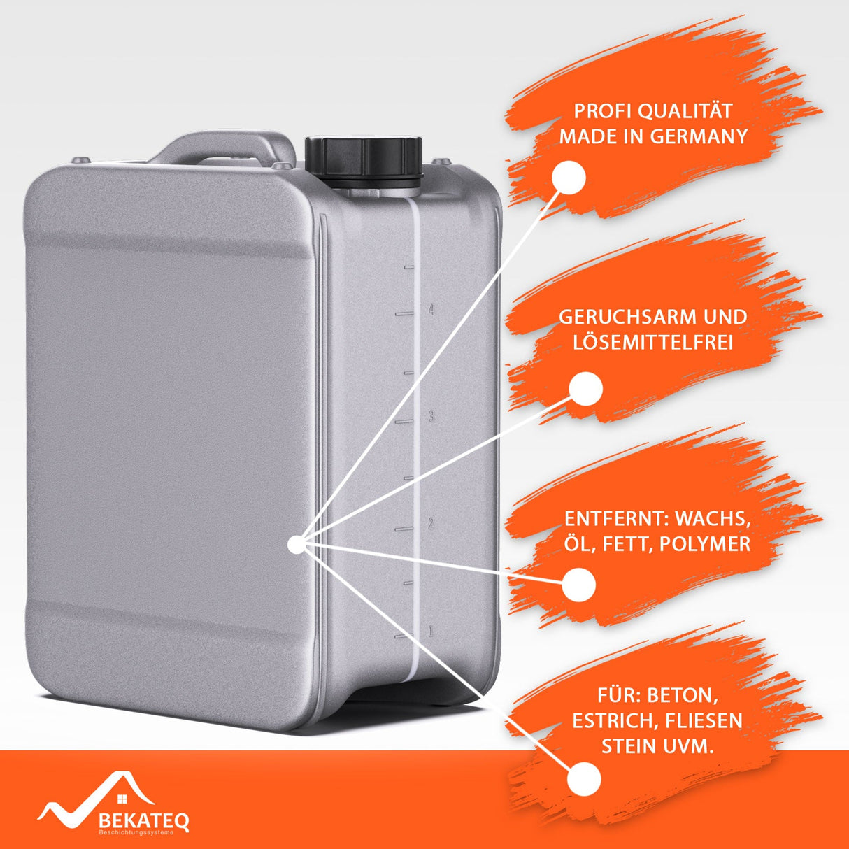 Kanister mit Produktvorteilen aufgelistet.