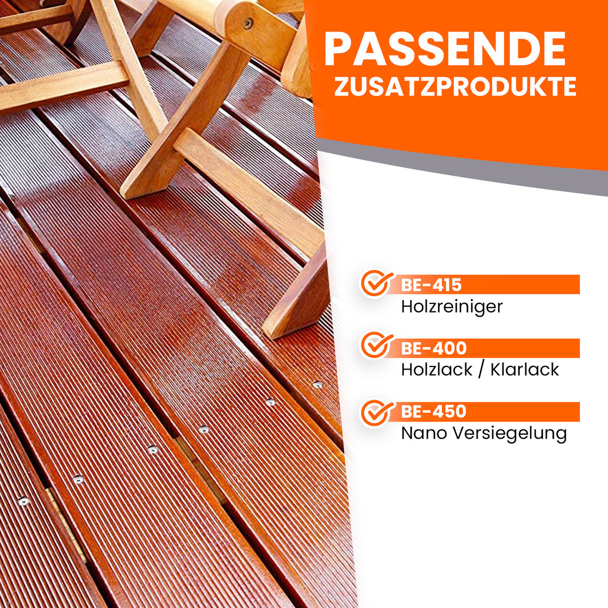 Holzterrasse mit Zusatzprodukte-Text.