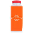 Orange Flasche mit rotem Deckel.