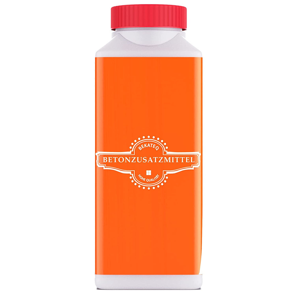 Orange Flasche mit rotem Deckel.