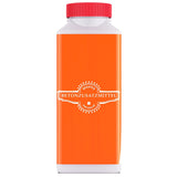 Orange Flasche mit rotem Deckel.