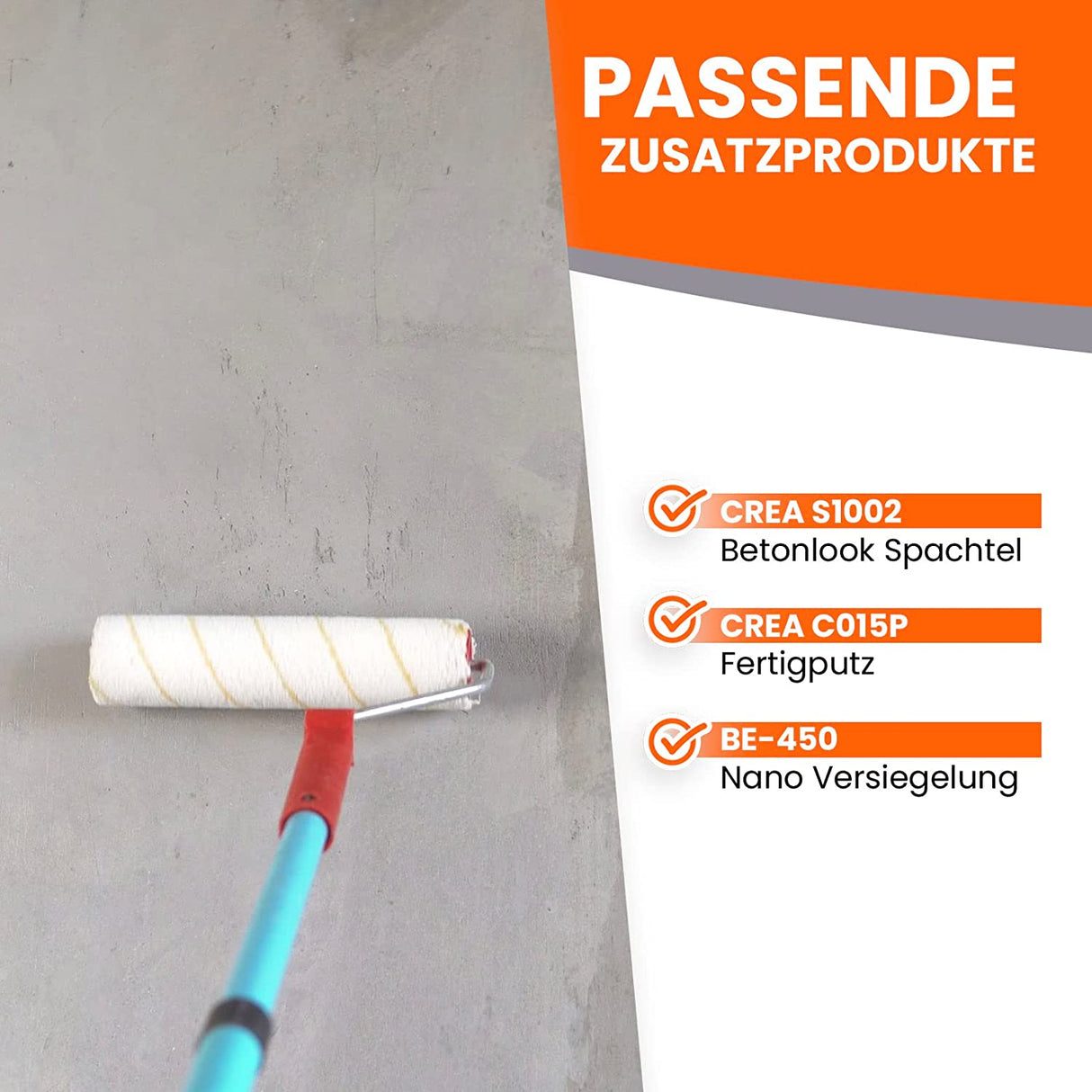 Farbrolle auf Betonoberfläche, Text.