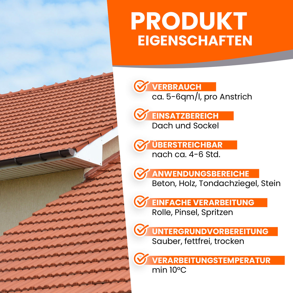 Dach mit Produktinformationen und Eigenschaften.