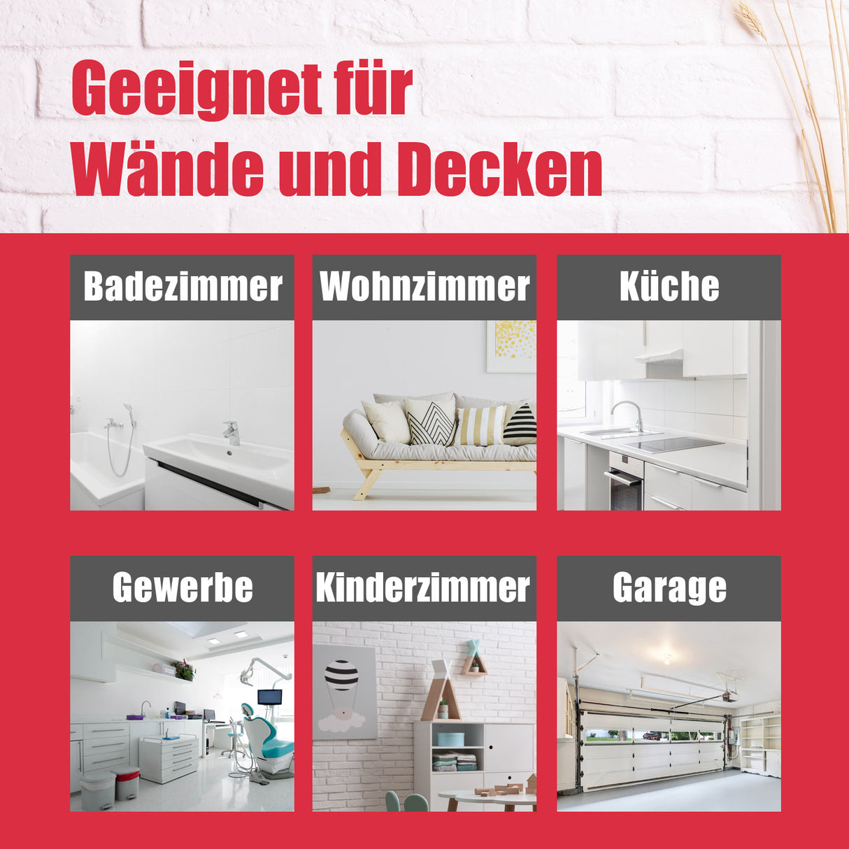 Sechs Räume mit Beschriftungen.