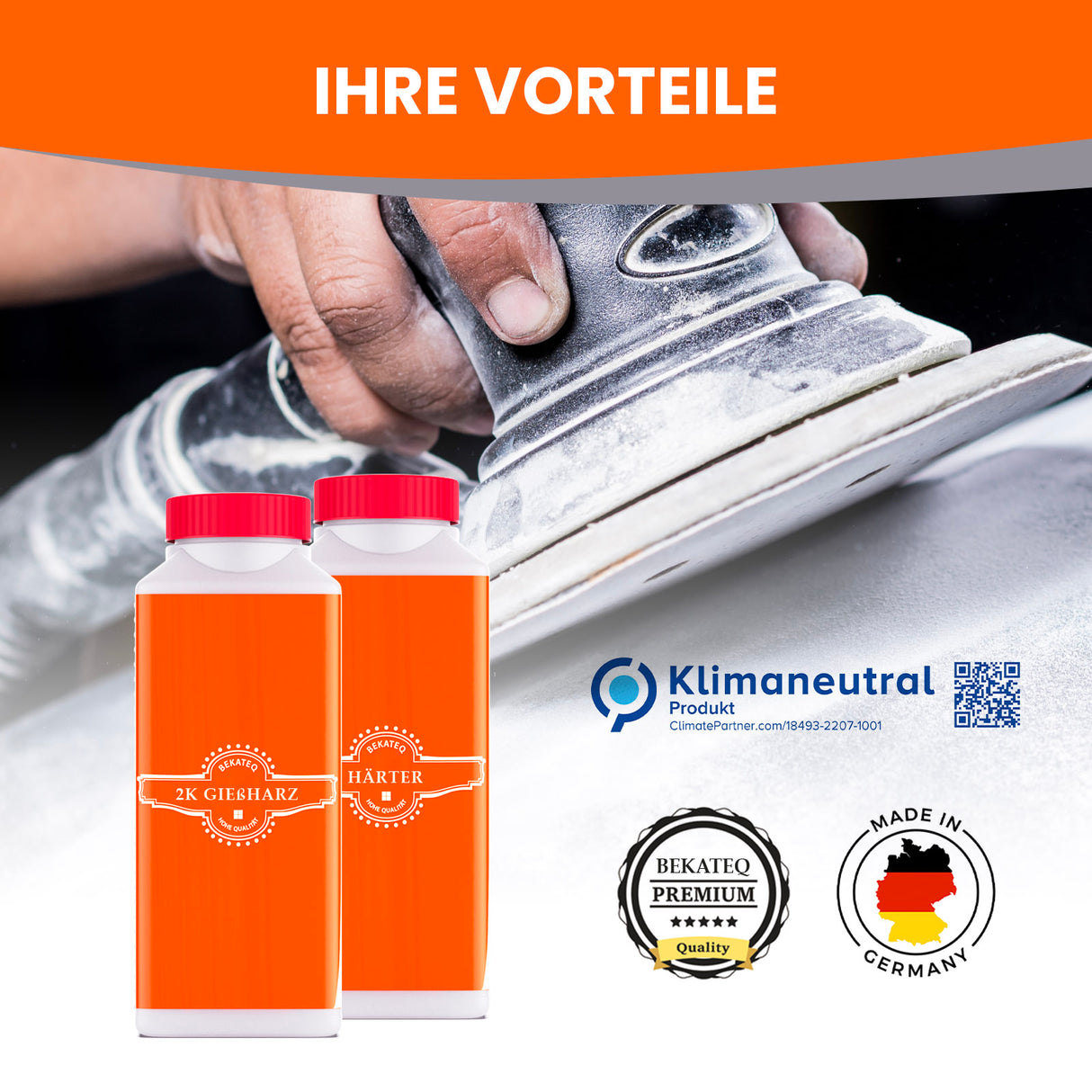 Schleifmaschine, Epoxidharz, Härter, Logos, Text.