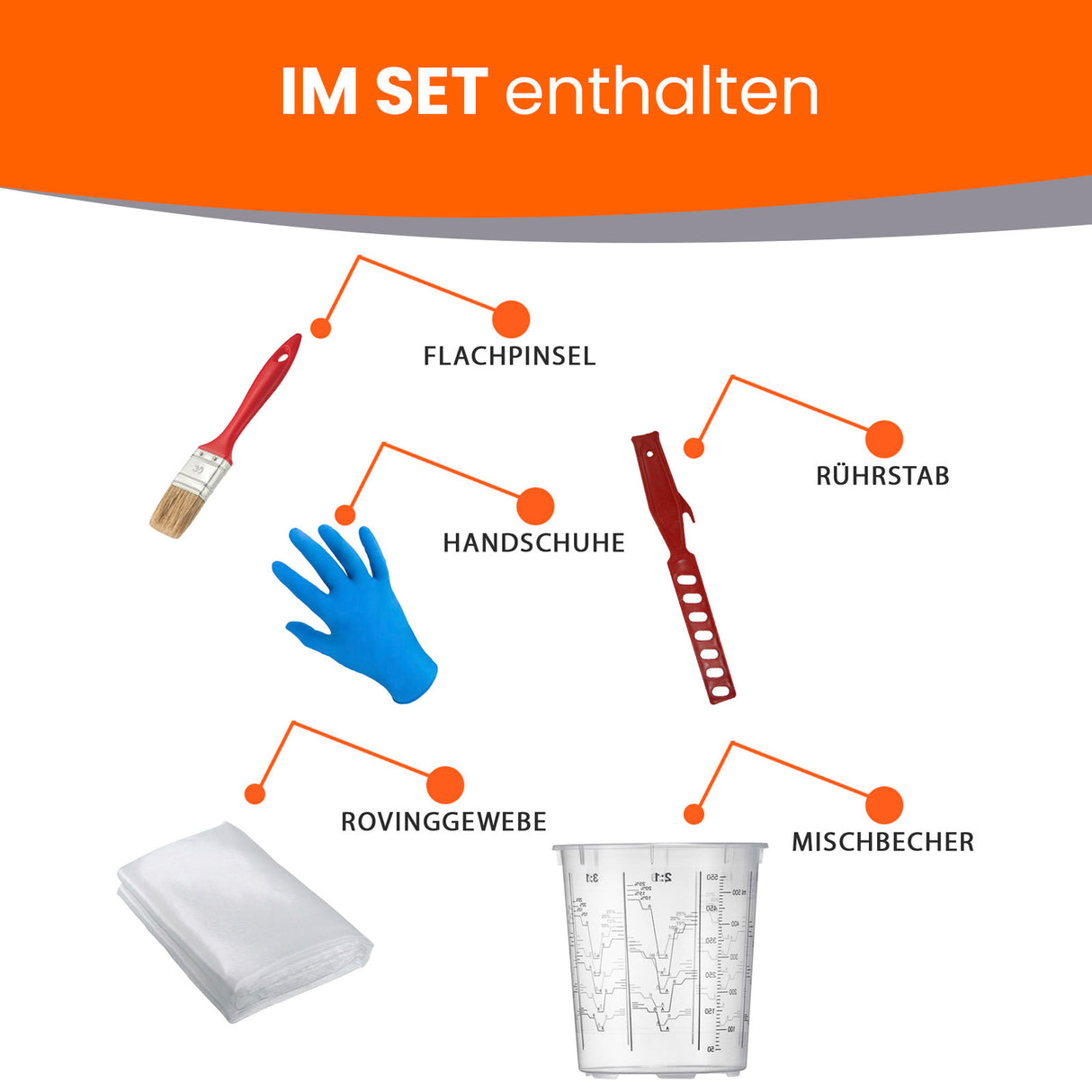 Pinsel, Handschuhe, Rührstab, Gewebe, Becher.