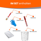 Pinsel, Handschuhe, Rührstab, Gewebe, Becher.