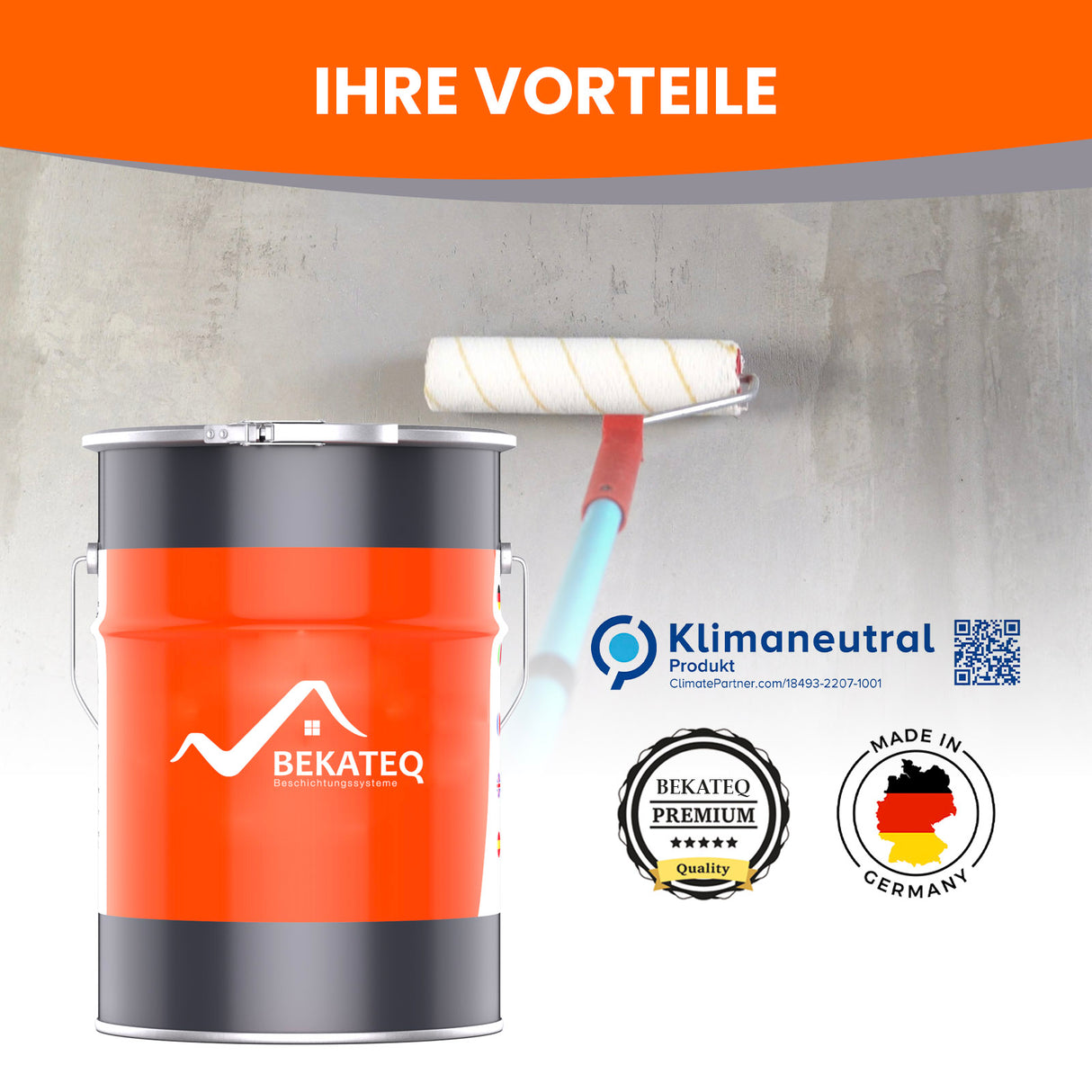 Farbeimer, Farbrolle, Wand, BEKATEQ-Logo