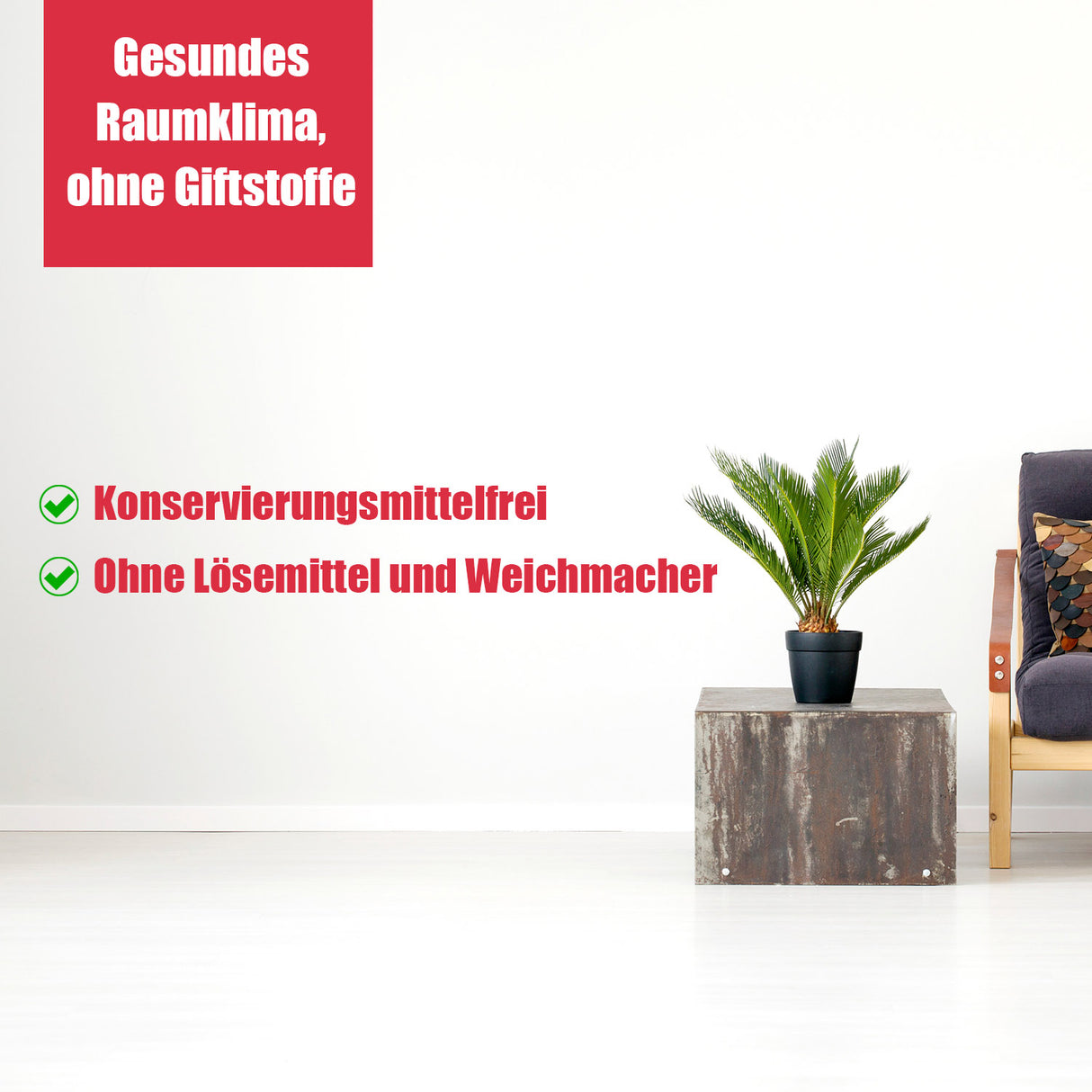 Pflanze, Sessel, Text über Raumklima.
