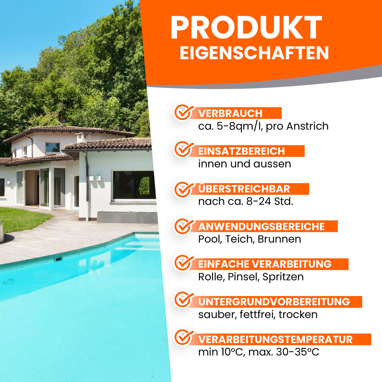 Haus mit Pool und Produkteigenschaften.