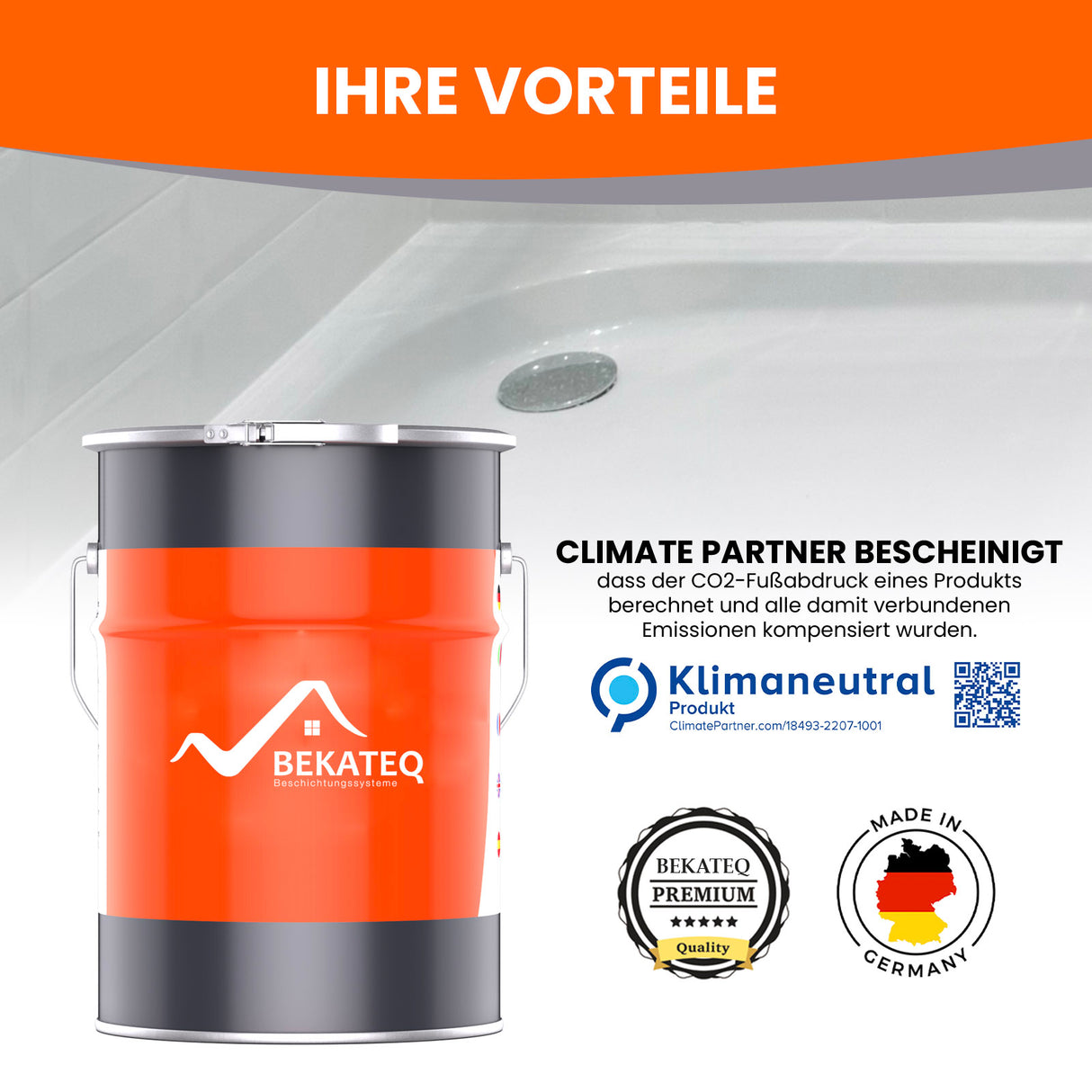 Farbeimer, Badewanne, Logos, Text, Siegel.