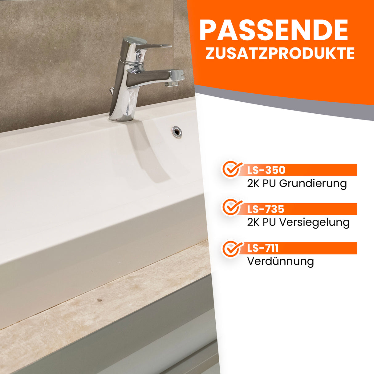 Waschbecken mit Produktinformationen daneben.