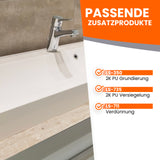 Waschbecken mit Produktinformationen daneben.