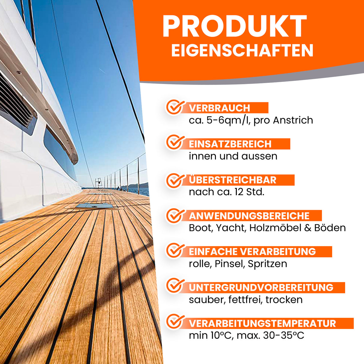 Bootsdeck mit Produkteigenschaften-Text.