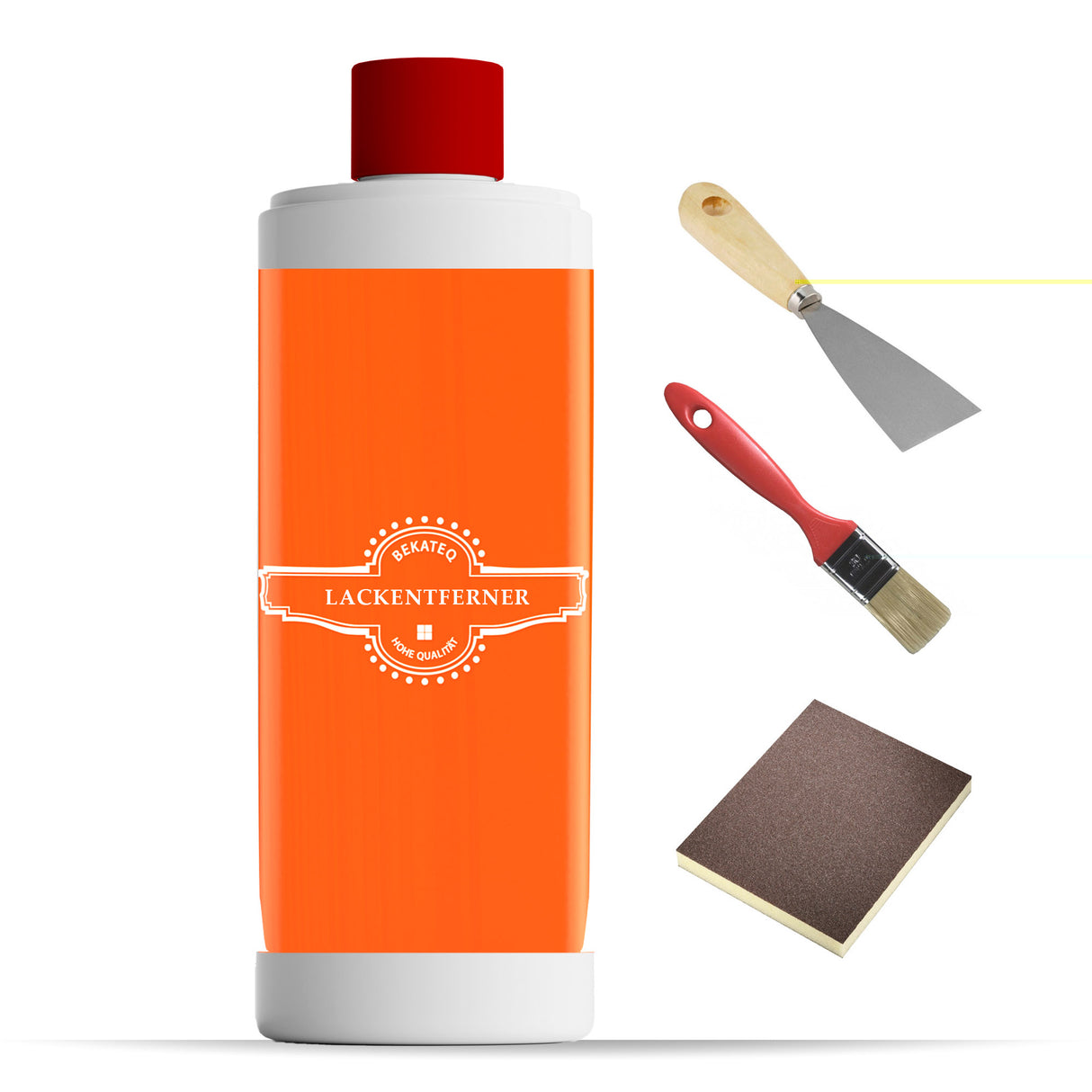 Lackentferner-Flasche mit Werkzeugen.