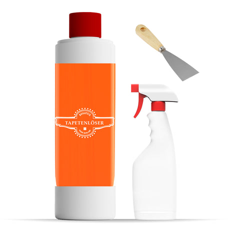 Tapetenlöser, Sprühflasche, Spachtel.