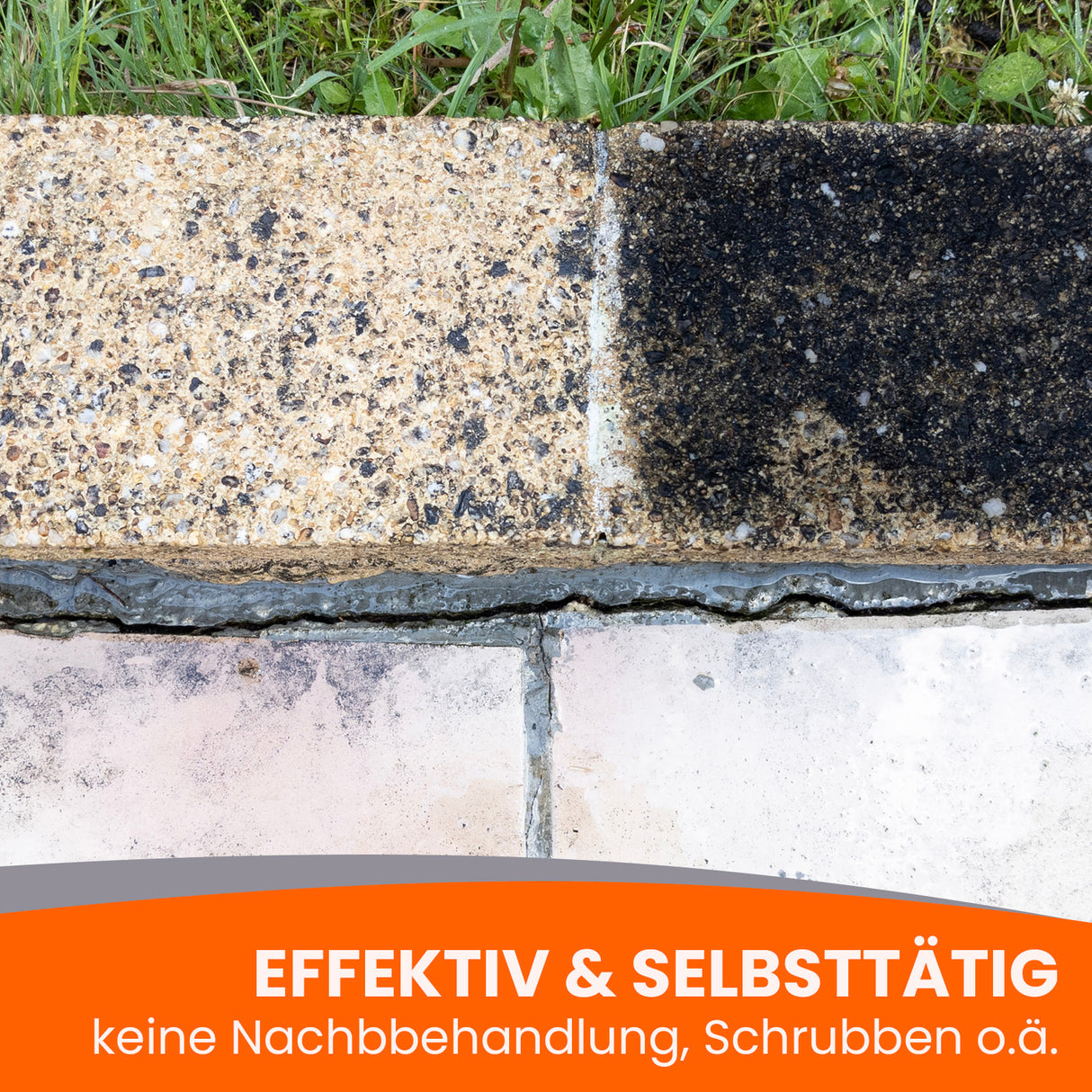 Reinigungseffekt auf Steinoberfläche demonstriert.