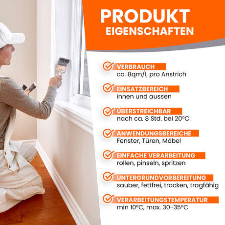 Person streicht Fensterrahmen mit Pinsel.