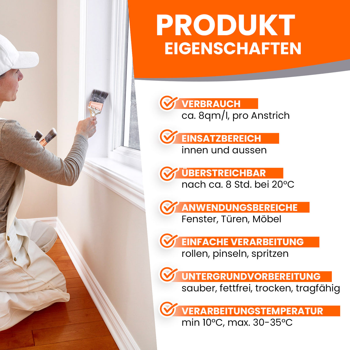 Person streicht Fensterrahmen mit Pinsel.